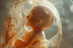 Ilustración del desarrollo neurológico temprano en un bebé, representando los primeros procesos del neurodesarrollo.