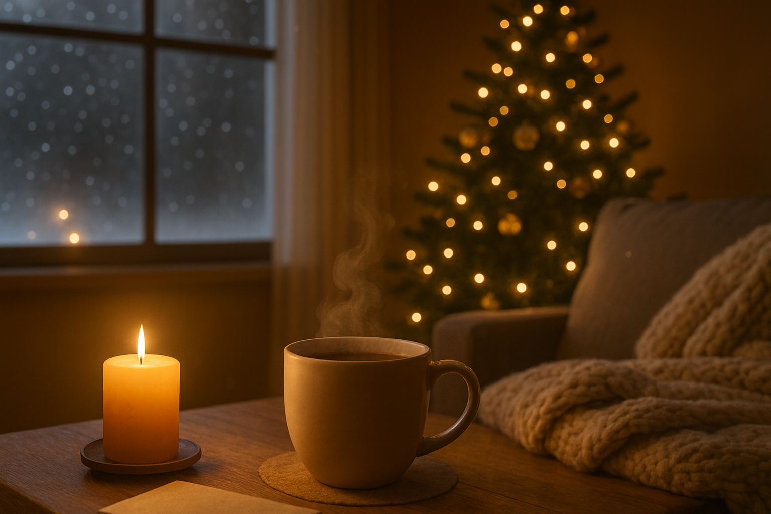ambiente navideño cálido con vela, taza y árbol de Navidad para ilustrar la ansiedad en Navidad