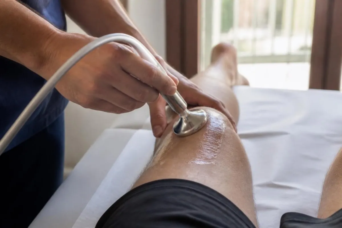 Fisioterapeuta aplicando Indiba en la rodilla durante una sesión
