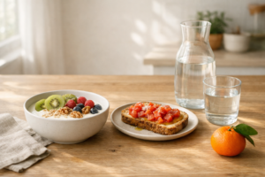 Desayuno de nutrición post Navidad con yogur, fruta, frutos secos y tostada con tomate y aceite de oliva