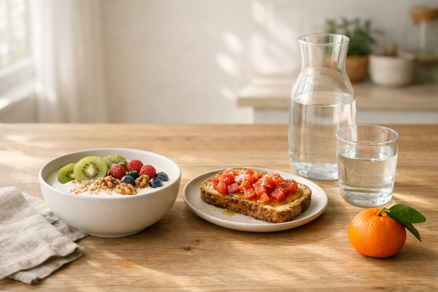 Desayuno de nutrición post Navidad con yogur, fruta, frutos secos y tostada con tomate y aceite de oliva