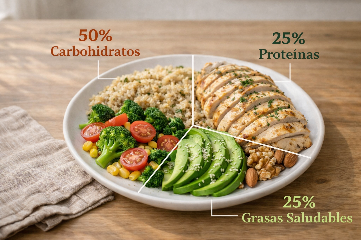 Infografía de plato saludable con distribución: 50% carbohidratos, 25% proteínas y 25% grasas saludables (nutrición post Navidad)